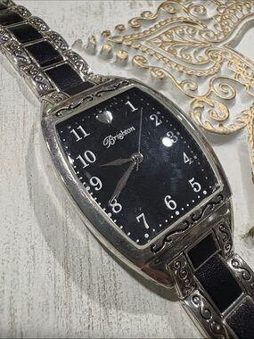 Brighton Silver-Tone Watch with Black Dial and Leather-Inset Links